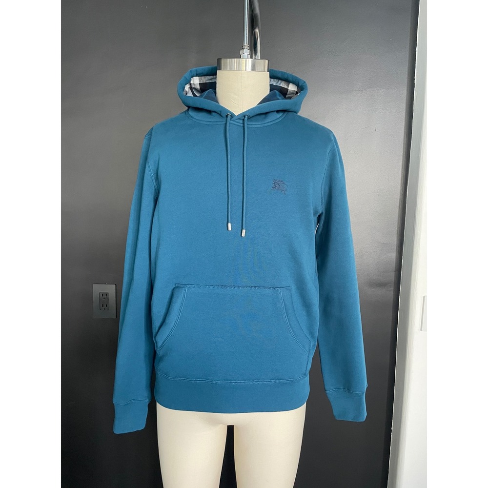 BURBERRY CLAREDON BLUE COTTON Men's NOVA CHECK HOOD PULLOVER HOODI Size S